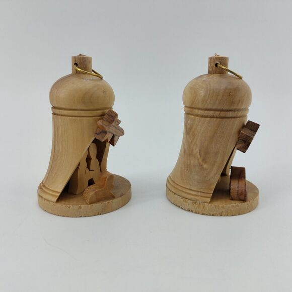 Olive wood Holy Land Carved Bell Nativity Bethlehem Israel Christmas Set of 2 - Picture 3 of 10